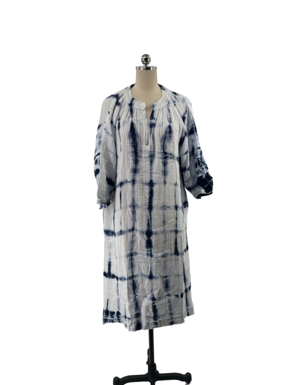 Ocean+Main los angeles Blue and White Tile Print Gauze Dress with Pockets, Eco